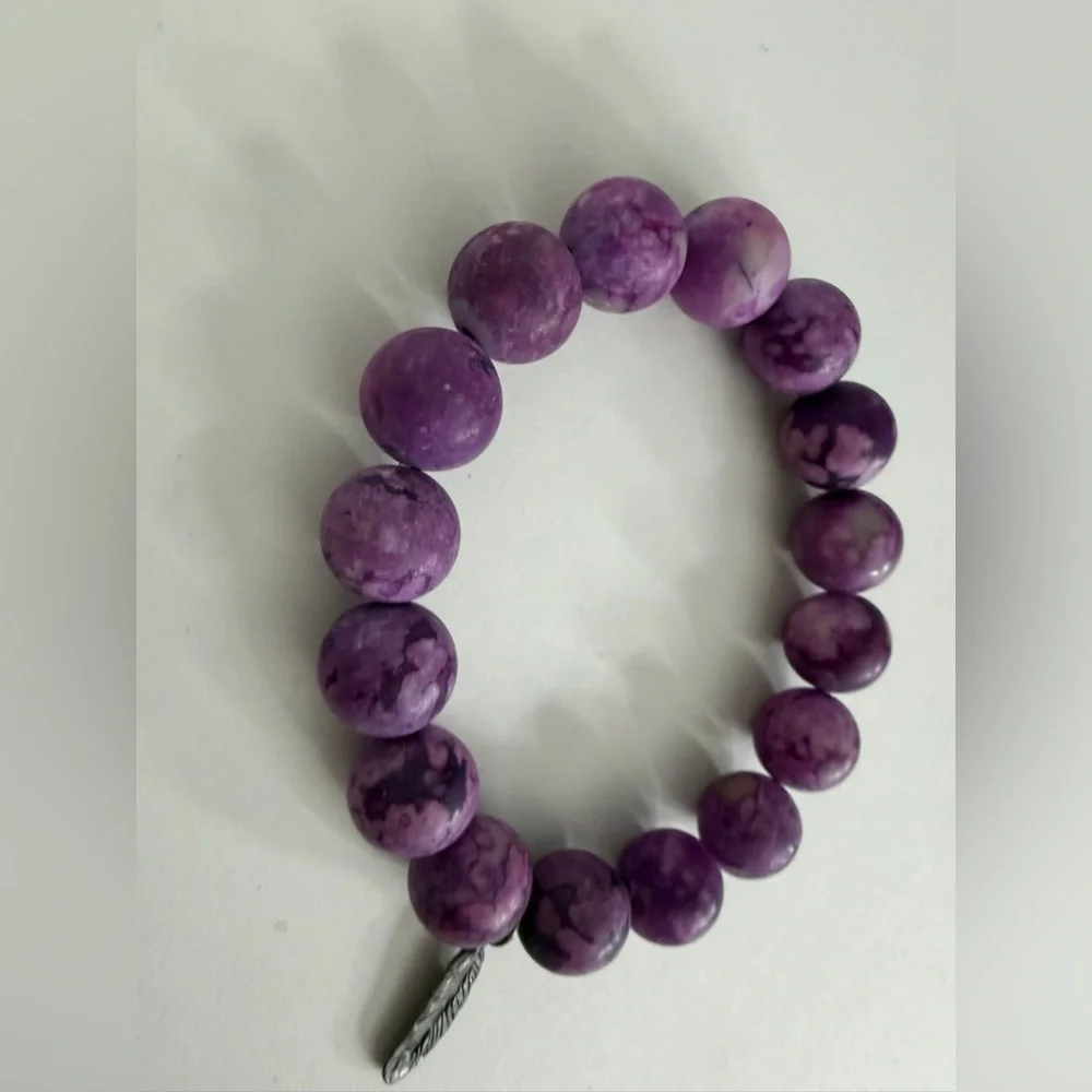Purple Beaded Bracelet with Feather Charm